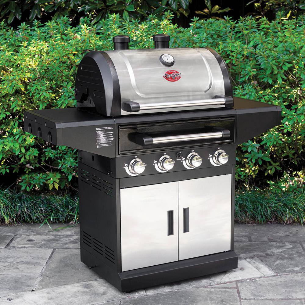 Char-Griller 7400 Flavor Pro 4-Burner Propane. Wood Gas Grill with Multi-Fuel Flavor Drawer in Silver
