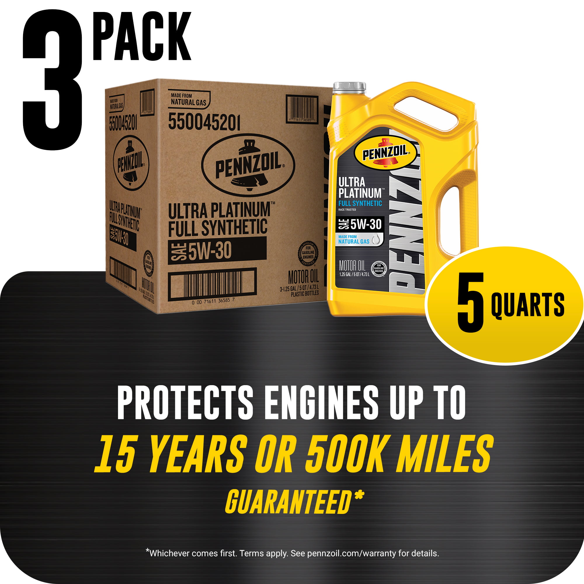 Pennzoil Ultra Platinum Full Synthetic 5W-30 Motor Oil. 5 Quart (3 Pack)