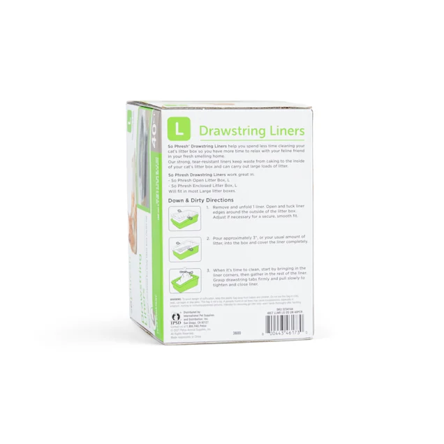 So Phresh Drawstring Cat Litter Box Liners. 35″ L X 15″ W. Count of 40