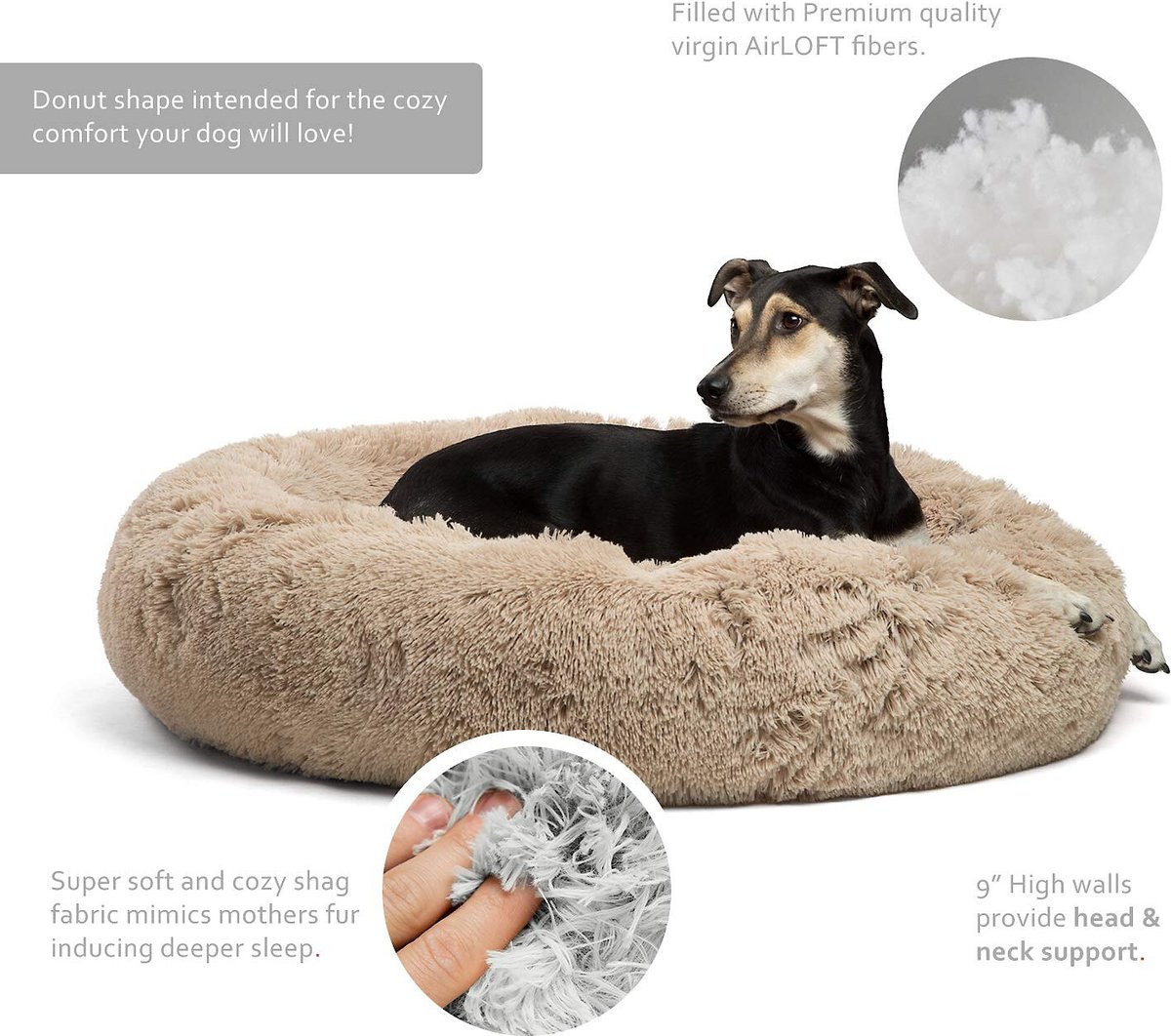 Best Friends by Sheri The Original Calming Shag Fur Donut Cuddler Pet Bed. Taupe - Small