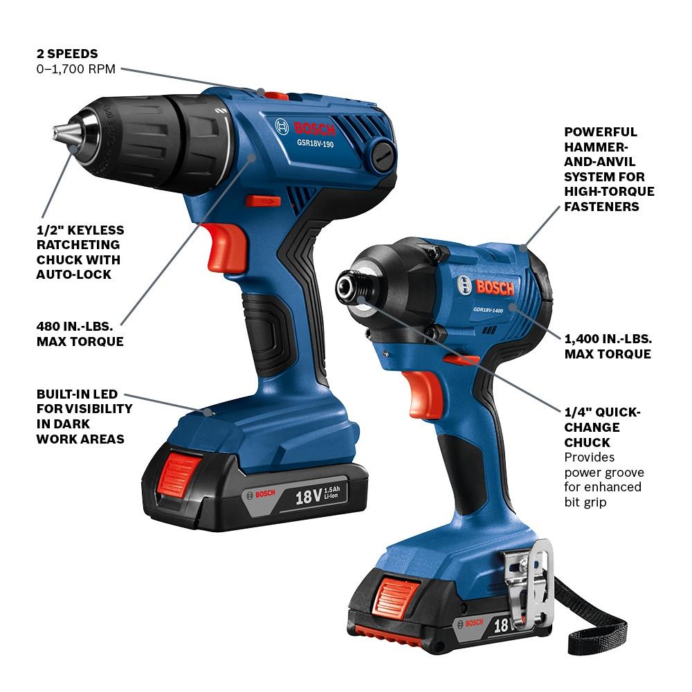 Bosch 2-Tool 18-volt Power Tool Combo Kit with Soft Case (2 Li-ion Batteries Included and Charger Included)