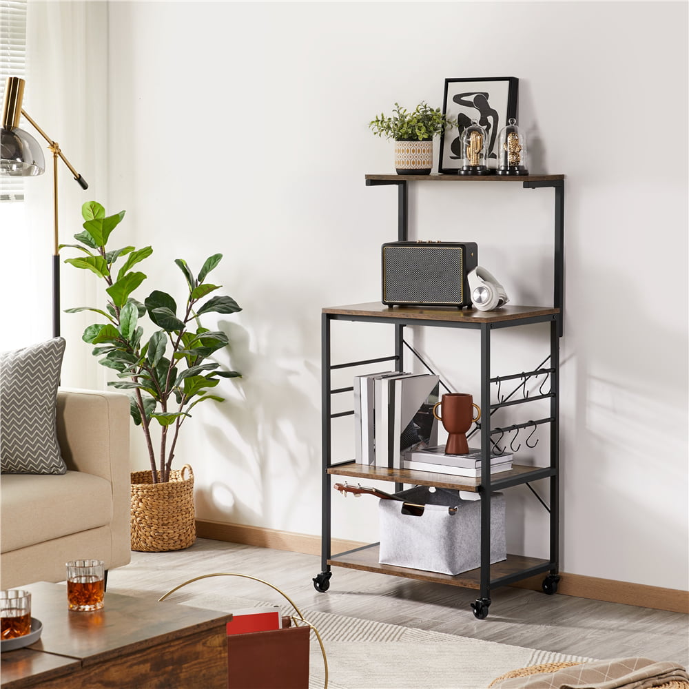 Yaheetech Kitchen Baker-s Rack Utility Storage Shelf Microwave Stand Cart on Wheels with Side Hooks. Rustic Brown