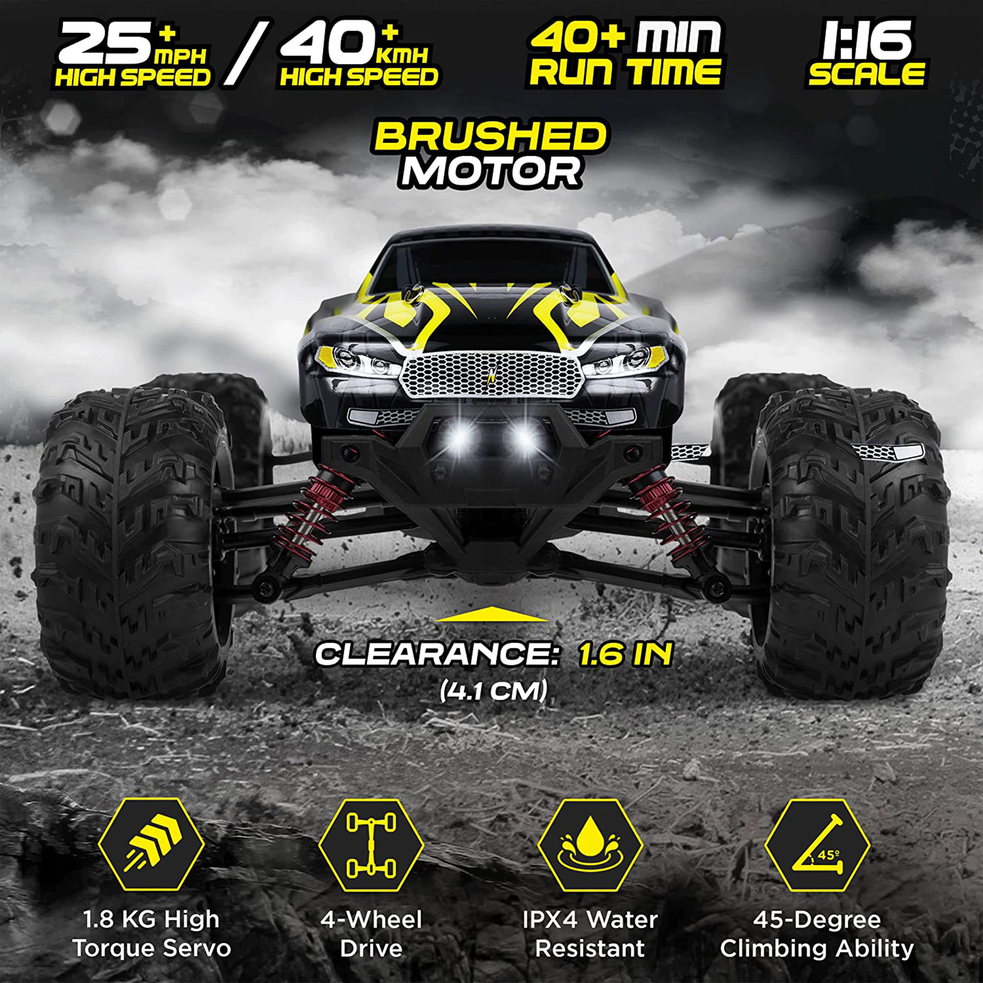 LAEGENDARY Sonic 1:16 Scale RC Off-Road Car. Up to 25 MPH. Black/Yellow