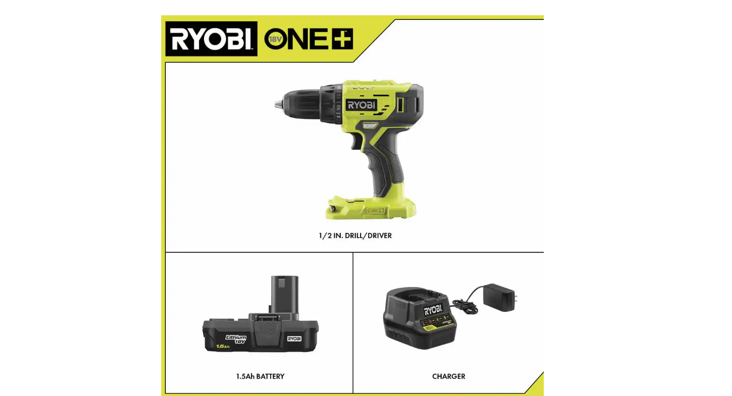 RYOBI P215K ONE+ 18V Lithium-Ion Cordless 1/2 in. Drill/Driver Kit with (1) 1.5 Ah Battery and 18V Charger