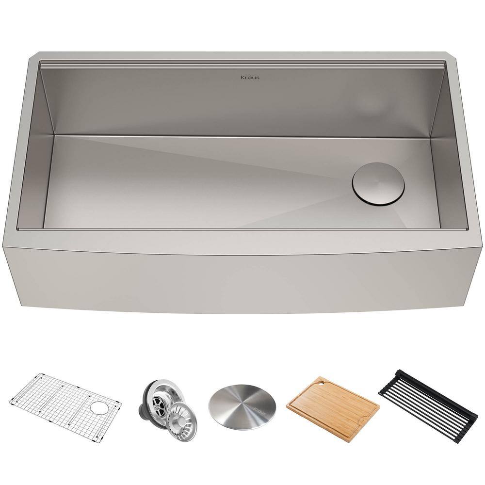 KRAUS 1005274470 Kore 16-Gauge Stainless Steel 36 in. Single Bowl Farmhouse Apron Workstation Kitchen Sink with Accessories