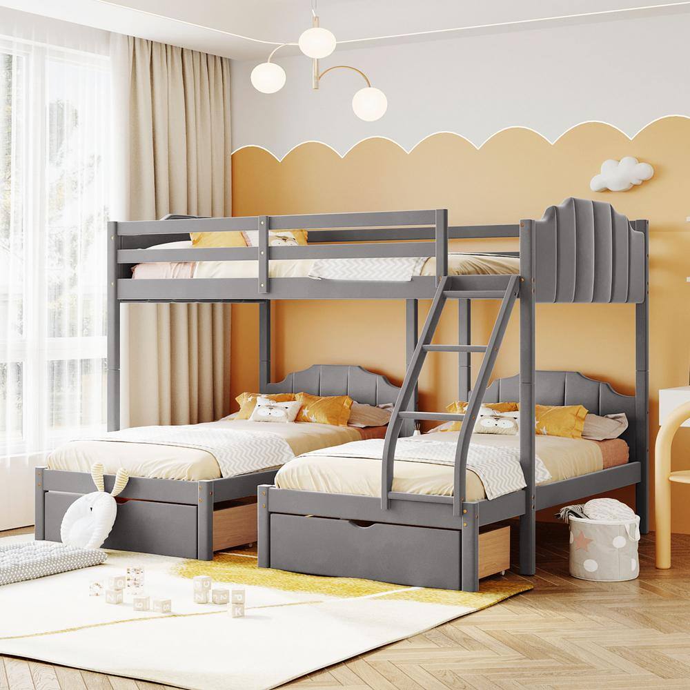 Harper & Bright Designs  Gray Full Over Twin and Twin Velvet Bunk Bed with 3-Drawers