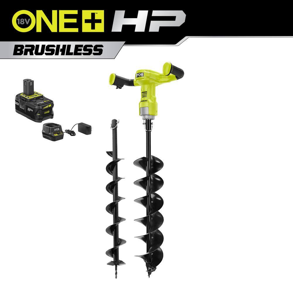 RYOBI P2930-4 ONE+ HP 18V Brushless Cordless Earth Auger with 4 in. and 6 in. Bit with 4.0 Ah Battery and Charger