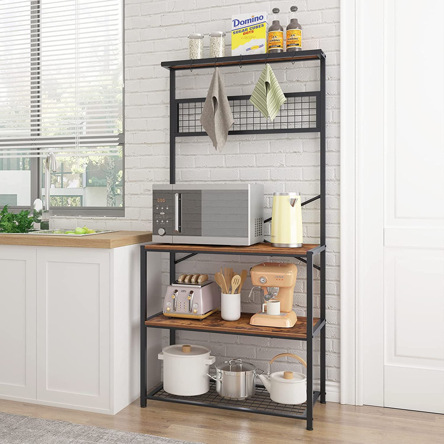 SOGES Kitchen Bakers Racks Kitchen Baker Storage Shelf Rack 3-Tier for Kitchen Standing Racks Brown