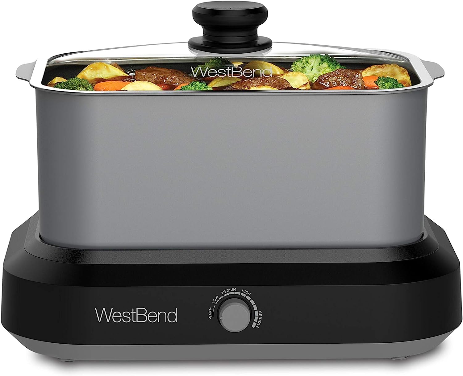West Bend 87906 Slow Cooker. Large-Capacity Non-Stick Crockpot with Variable Temperature Control. Travel Lid and Thermal Carrying Case. 6 Qt. Silver