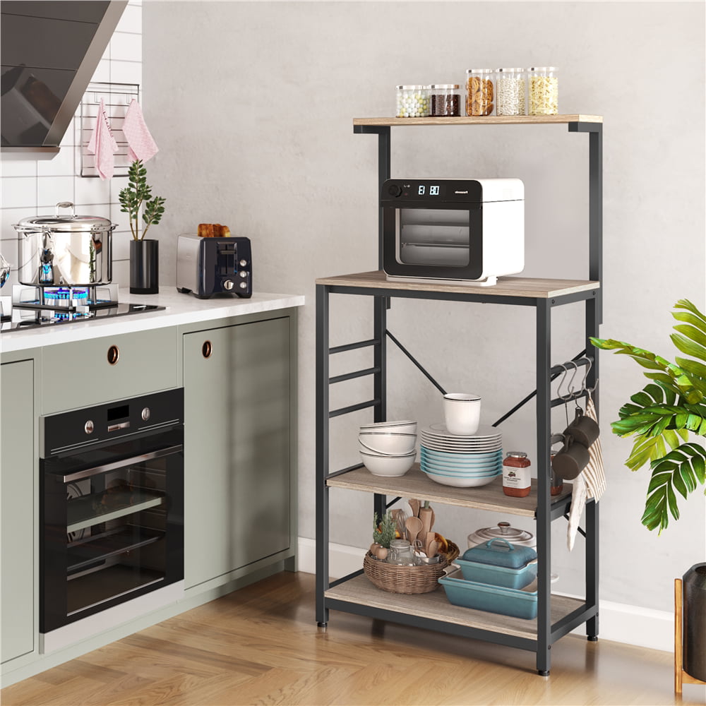 Easyfashion 4-Tier Kitchen Cart Bakers Rack with Side Hooks. Gray