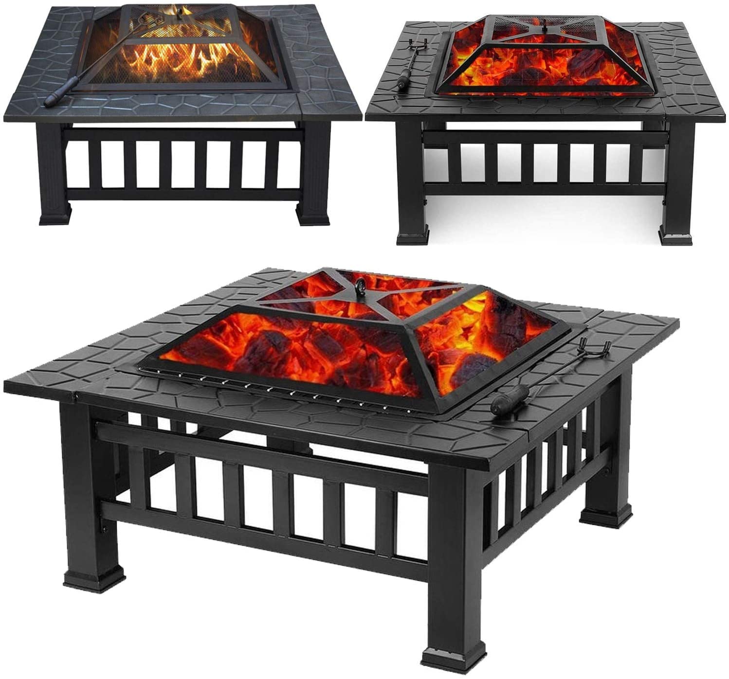 Ash Fire Pit - Square Outdoor Wood Burning and Grill for Camping and Picnic - Portable Steel Frame with Legs. Mesh Cover. Poker - Bonfire and Cooking in The Patio. Deck. Garden. Backyard