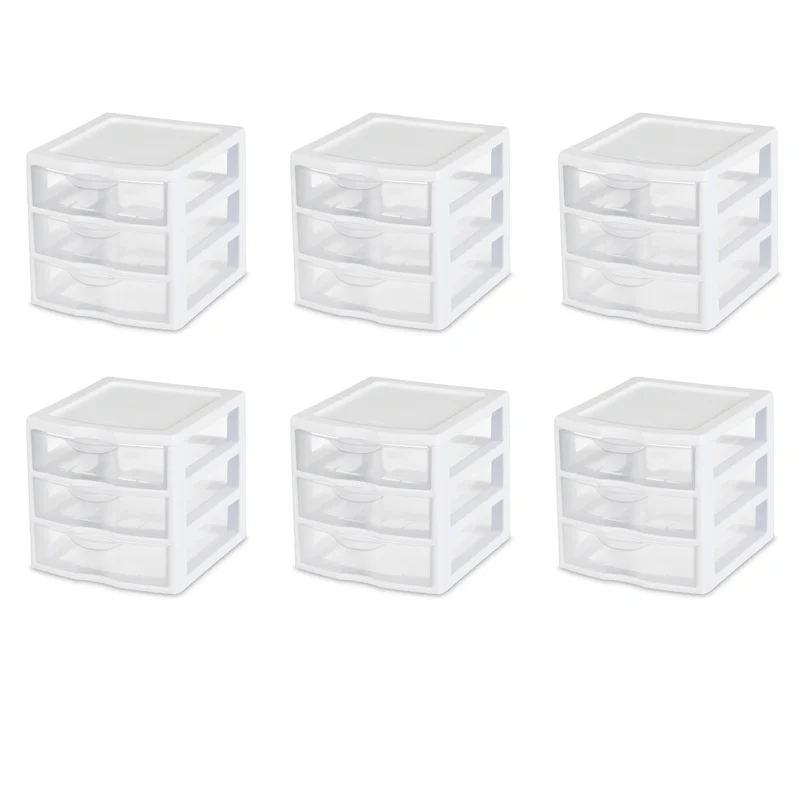 Sterilite 20738006 Small 3 Drawer Unit. White Frame with Clear Drawers. 6-Pack