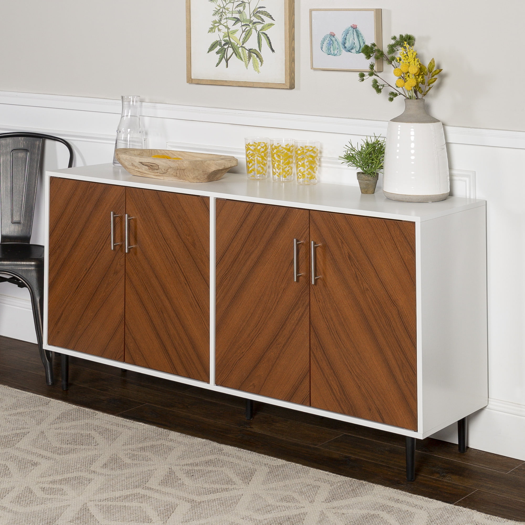 Desert Fields Margot Mid-Century Book Match Dual Cabinet Buffet. White/Teak