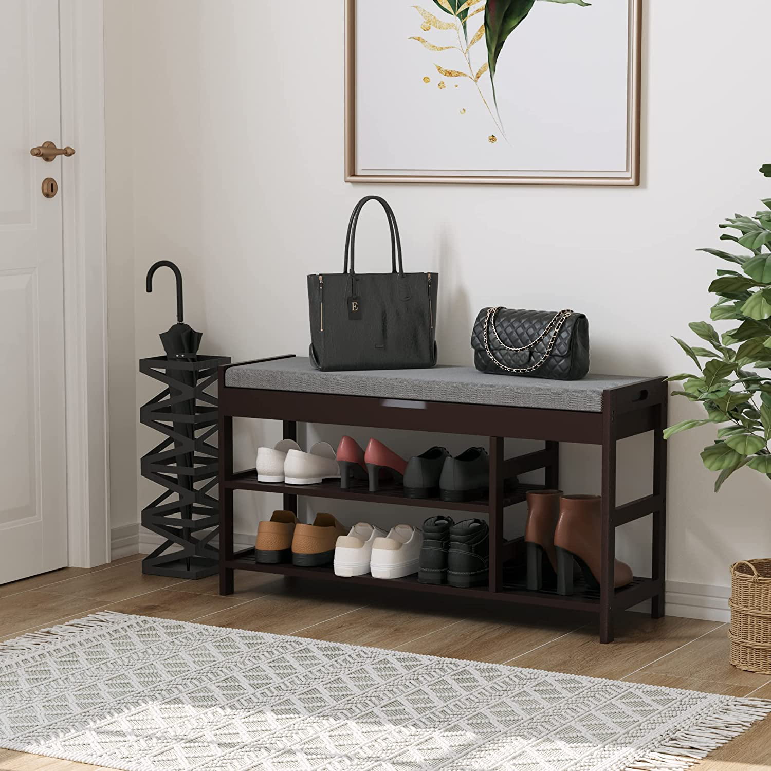 Homfa 2-Tiers Shoe Bench Rack with Padded Seat. Up to 7 Shoes Storage for Entryway. Bamboo Finish (Vintage)