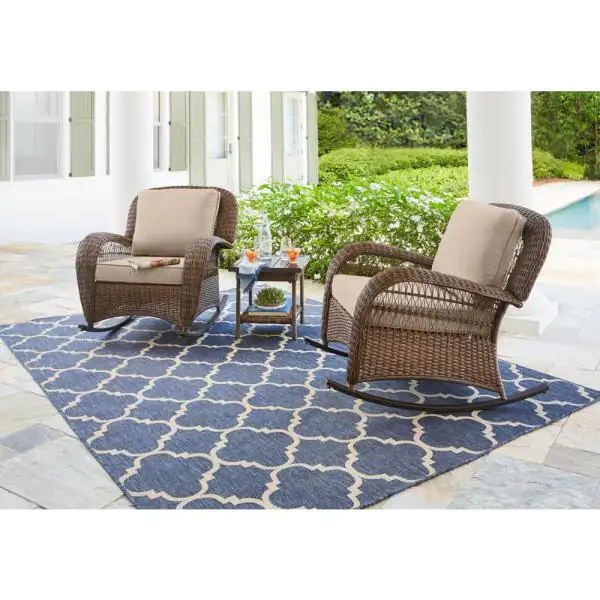 Hampton Bay Beacon Park Brown Wicker Outdoor Patio Rocking Chair . Tan Cushions