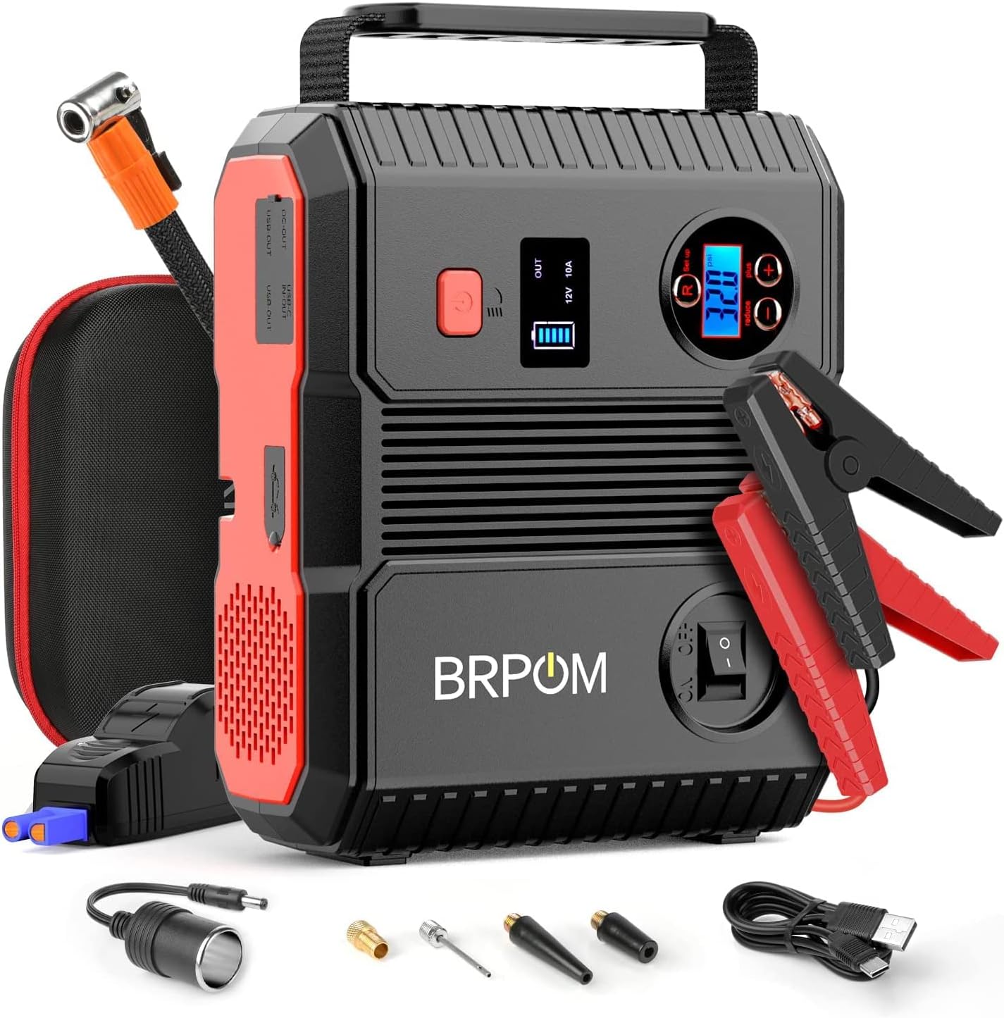 BRPOM Car Jump Starter with Air Compressor. 150PSI 3000A Peak 26800mah (Up to All Gas or 8.0L Diesel Engine. 50 Times) Portable Jump Starter 12V Auto Battery Jump Pack QC 3.0 with 160W DC Out