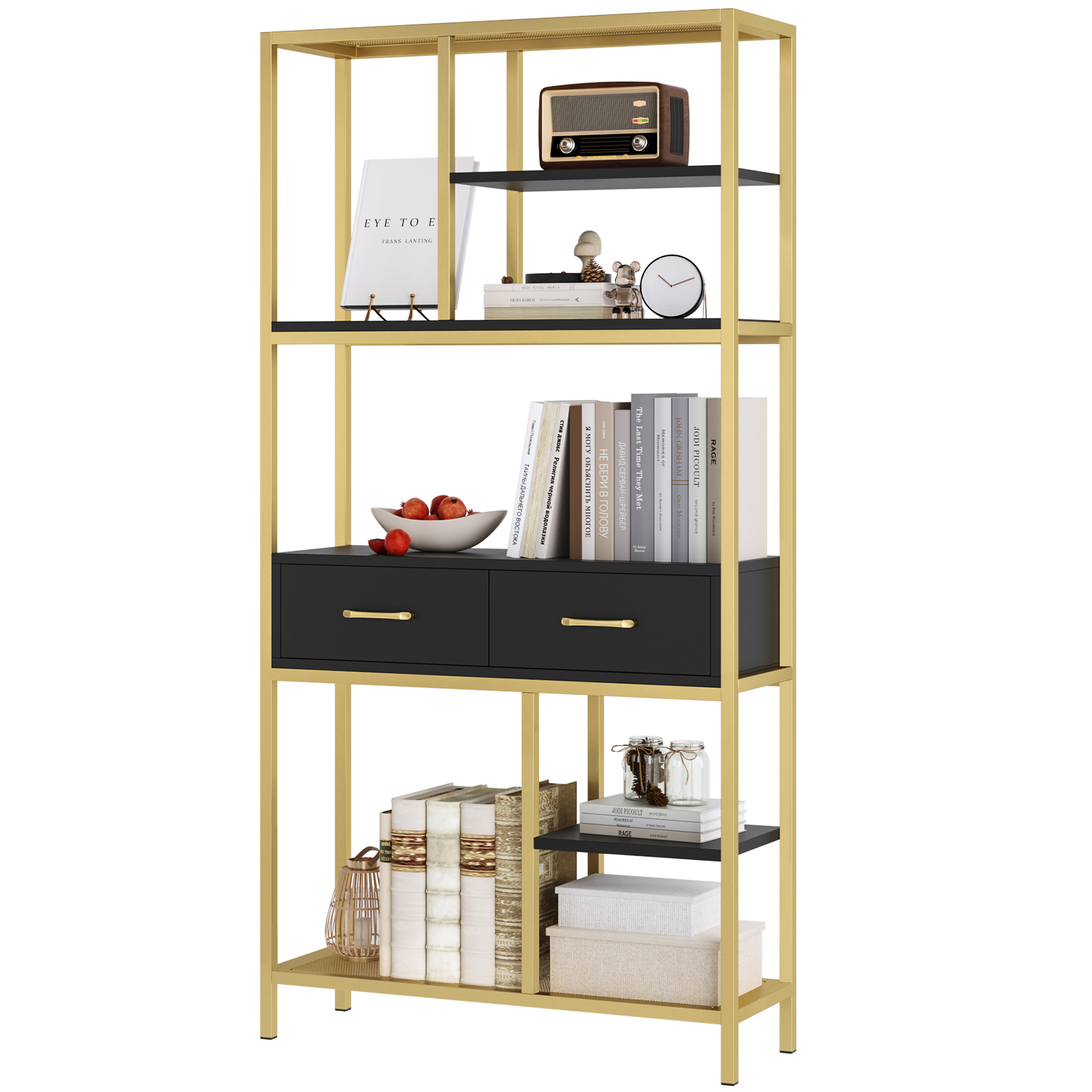 Homfa 5-tier Iron Bookcase with 2 Drawers. Industrial Tall Bookshelf with 7 open storage shelves. Free Standing Display shelf with Metal Frame. Black Gold