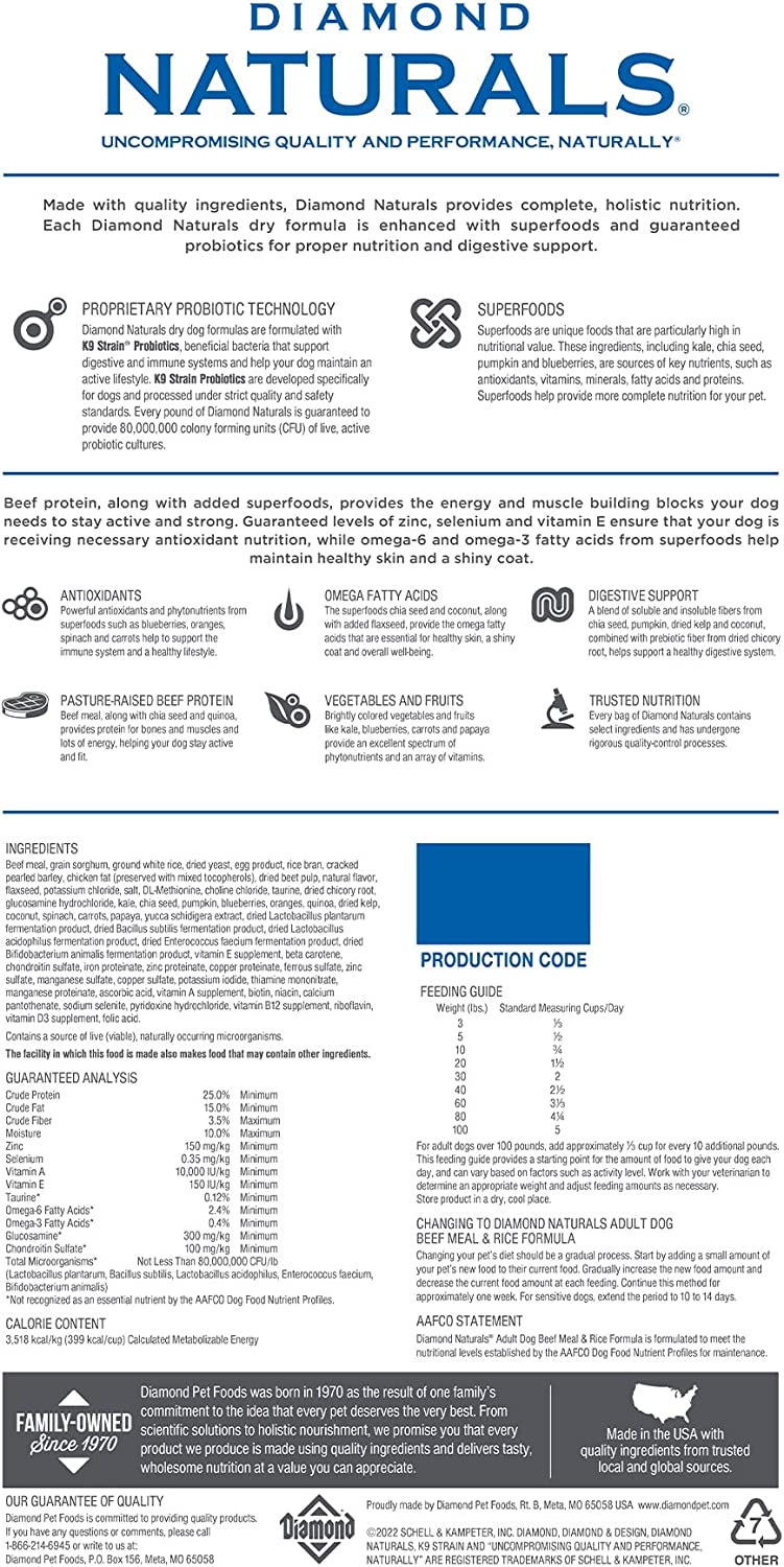 Diamond Naturals Dry Food for Adult Dog. Beef and Rice Formula. 40 Pound Bag