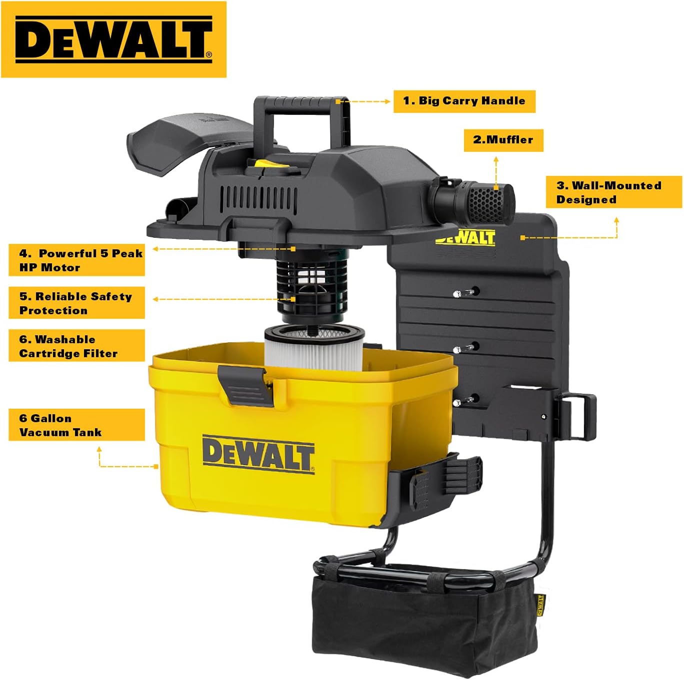 DEWALT Portable 6 Gallon 5 Horsepower Wall-Mounted Garage Wet Dry Vacuum Cleaner DXV06G. Yellow+black