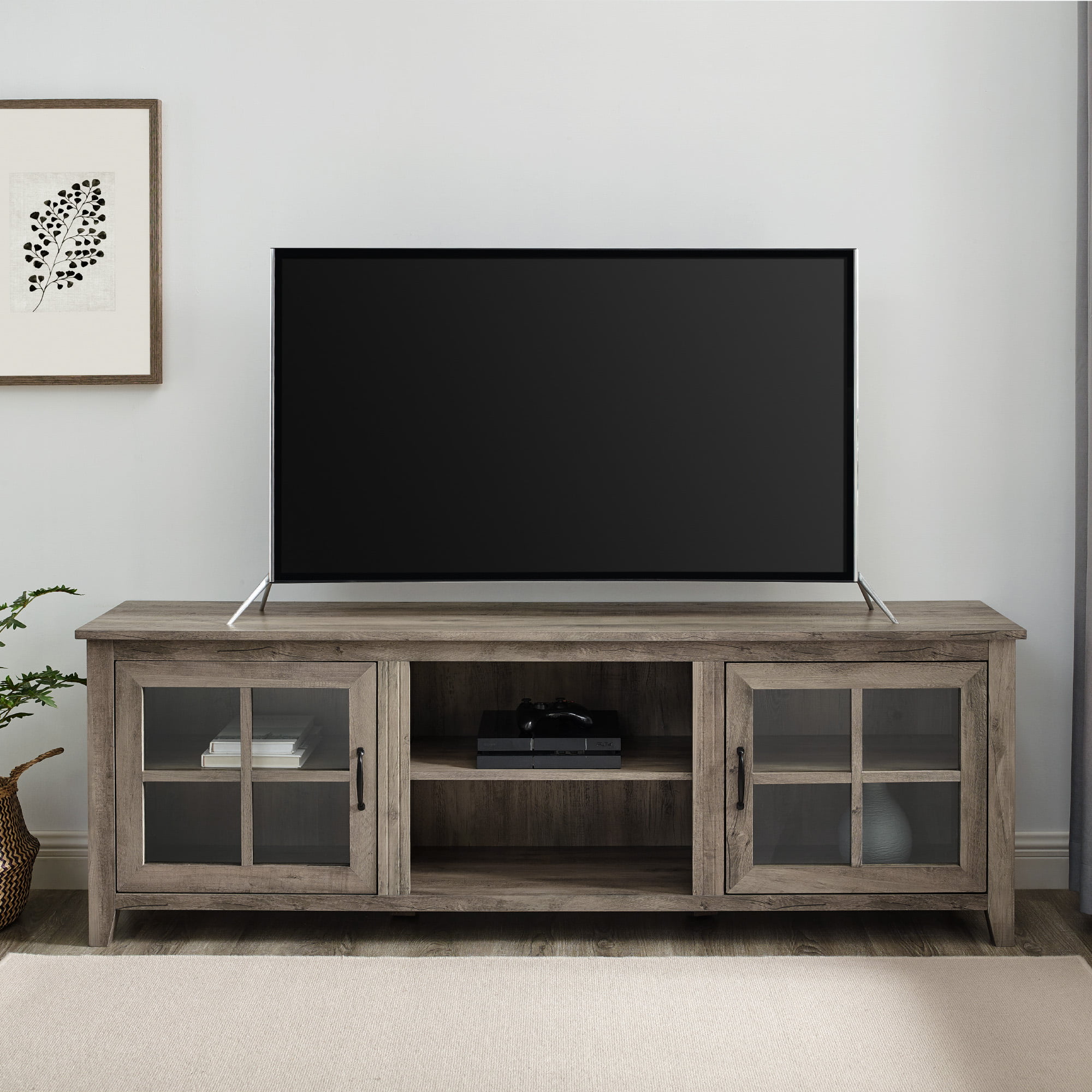 Manor Park Modern Farmhouse TV Stand for TVs up to 80″. Grey Wash