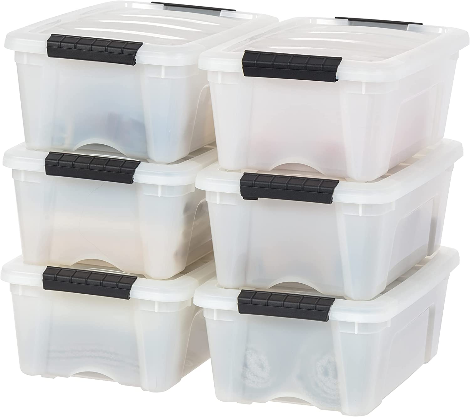 IRIS USA 12 Qt. Plastic Storage Container Bin with Secure Lid and Latching Buckles. 6 pack - Pearl. Durable Stackable Nestable Organizing Tote Tub Box Toy General Organization Small