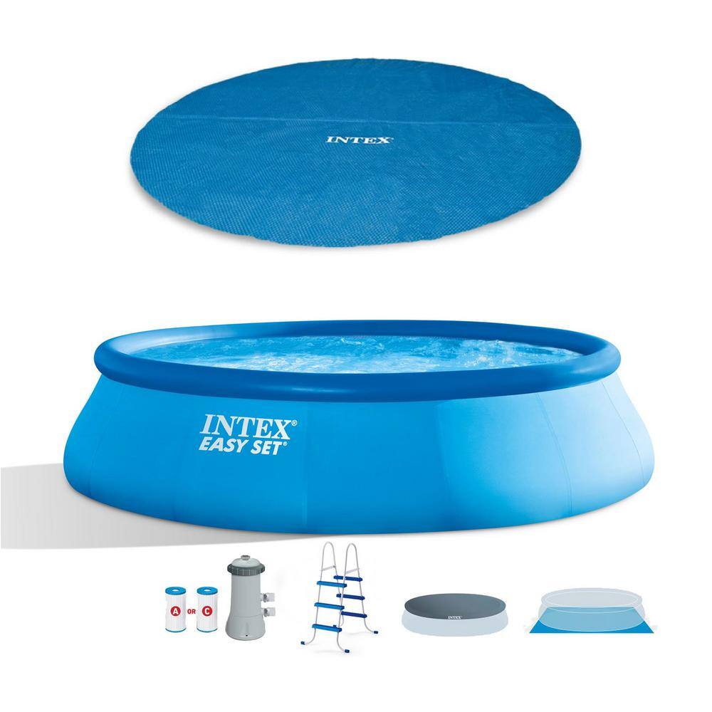 Intex 26165EH + 29023E 15 ft. x 180 in. Round Inflatable Pool with Pool Set and 15 ft. Pool Cover