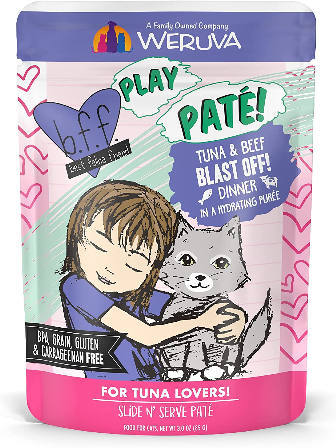 Weruva Wet Cat Food B.F.F. PLAY - Best Feline Friend Paté Lovers. Aw Yeah!. Tuna & Beef Blast Off! with Tuna & Beef. 3oz Pouch (Pack of 12)