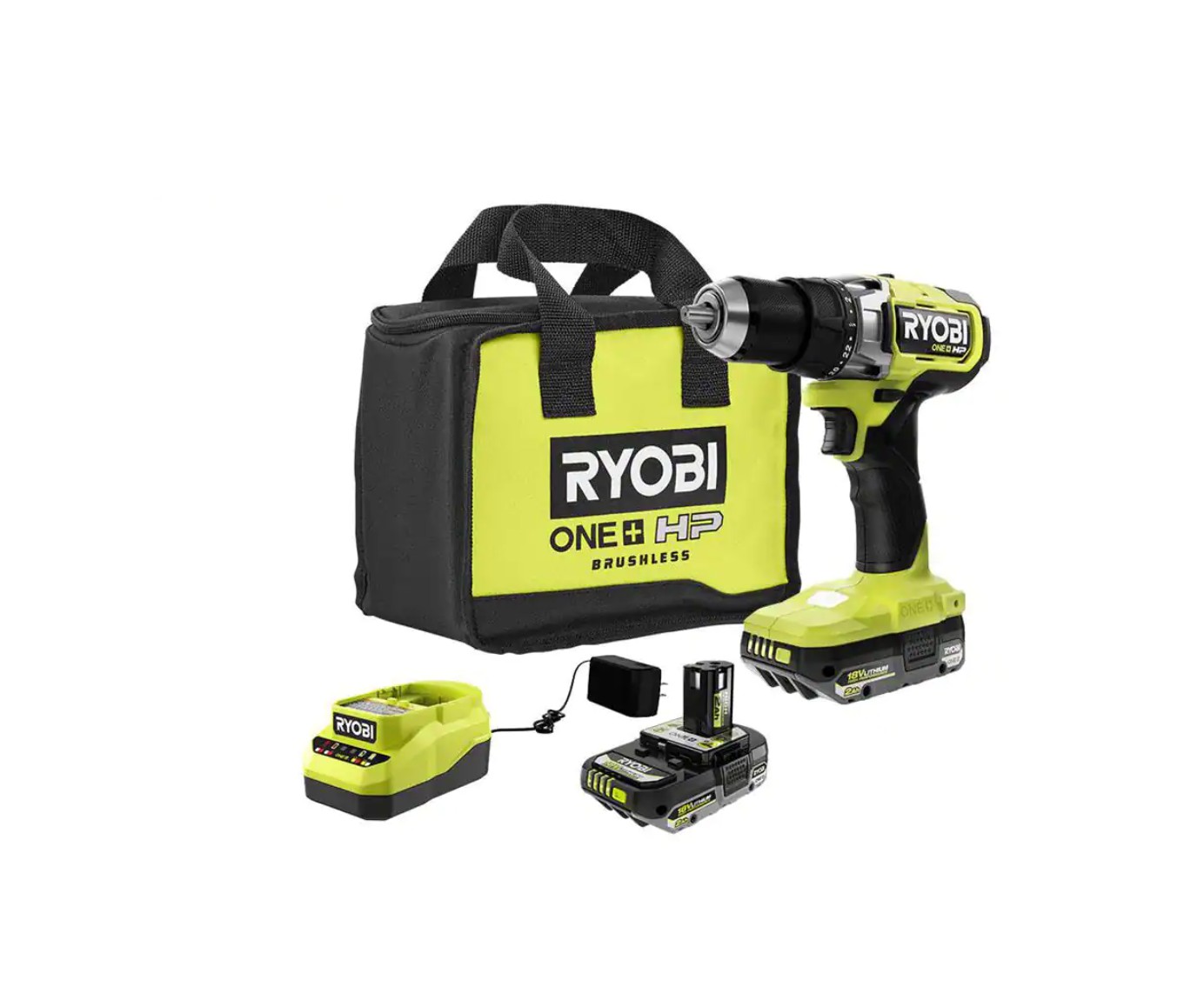 RYOBI PBLDD01K ONE+ HP 18V Brushless Cordless 1/2 in. Drill/Driver Kit with (2) 2.0 Ah HIGH PERFORMANCE Batteries. Charger. and Bag