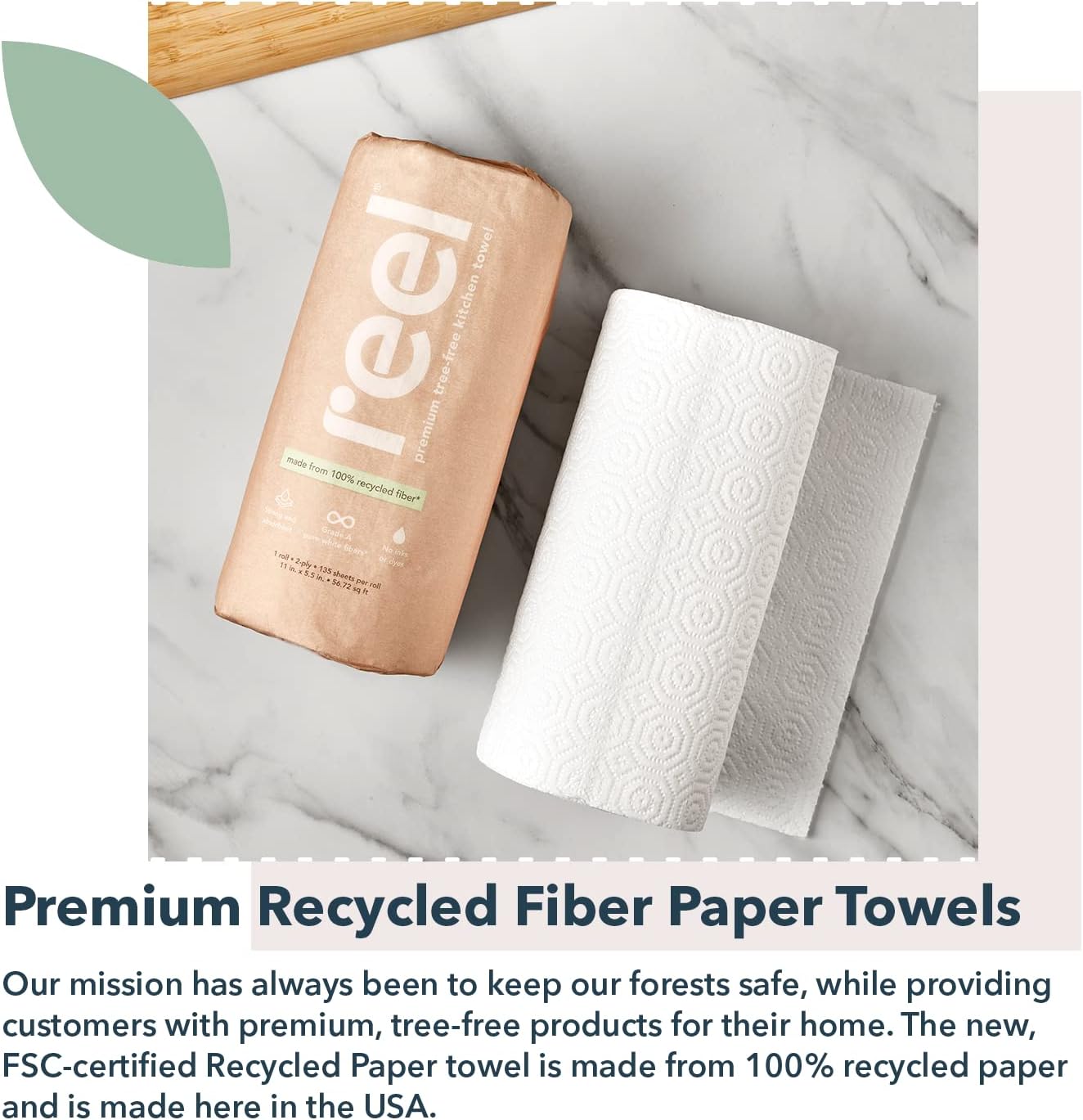 Reel Premium Recycled Paper Towels- 12 Rolls. 2-Ply Made From Tree-Free. 100% Recycled Paper - Eco-Friendly. Hypoallergenic and Zero Plastic Packaging