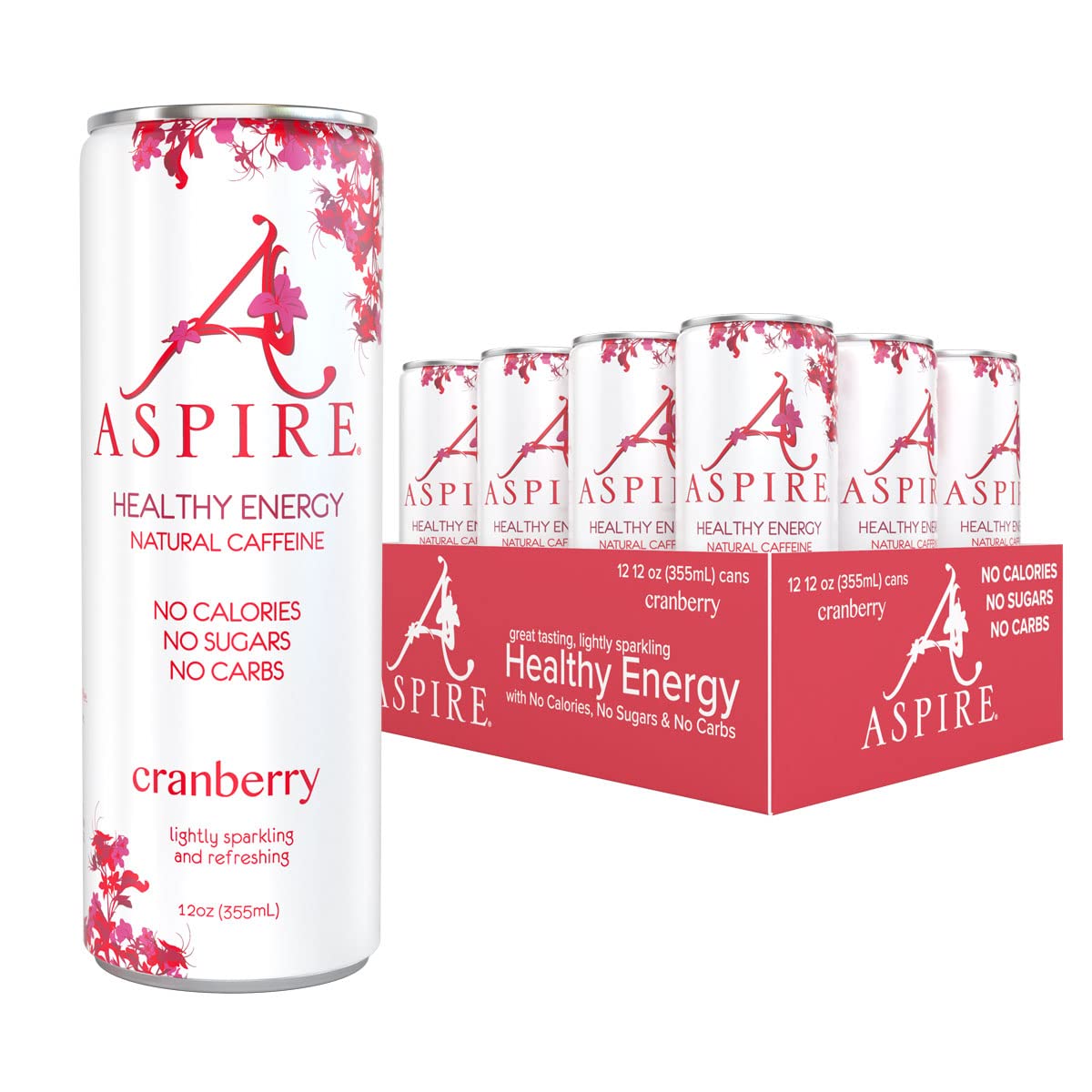 Aspire Healthy Energy Drink. Cranberry (Pack of 12) 12 oz Cans. Natural Caffeine and Zero Sugar. Coffee Substitute. Vitamins B & C. Keto. Vegan. and Kosher Friendly