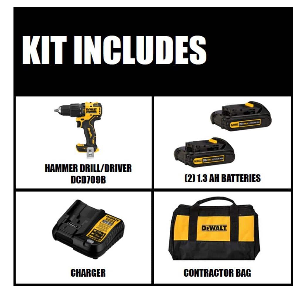 DEWALT DCD709C2 ATOMIC 20V MAX Cordless Brushless Compact 1/2 in. Hammer Drill. (2) 20V 1.3Ah Batteries. Charger. and Bag