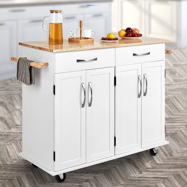 Homfa Kitchen Island on Wheels. Rolling Island Cart with Lockable Casters. Handle Towel Rack and Drawers. White