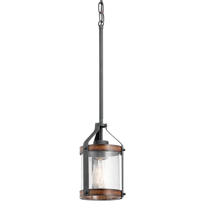 Kichler  Barrington Distressed Black and Wood Tone Rustic Seeded Glass Cylinder Mini Pendant Light