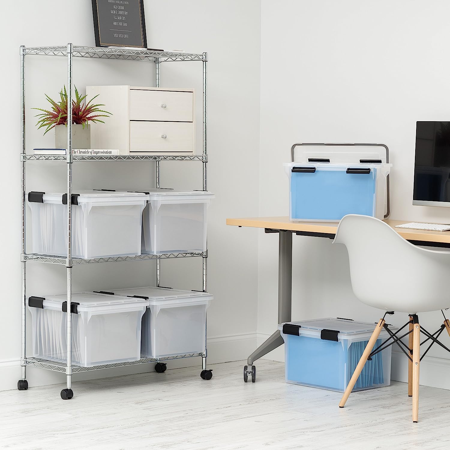 IRIS USA 32 Qt. WEATHERPRO Letter Size Portable File Box. 4 Pack. Plastic Storage Container with Durable Lid and Seal and Secure Latching Buckles. Weathertight. Clear with Black Buckles