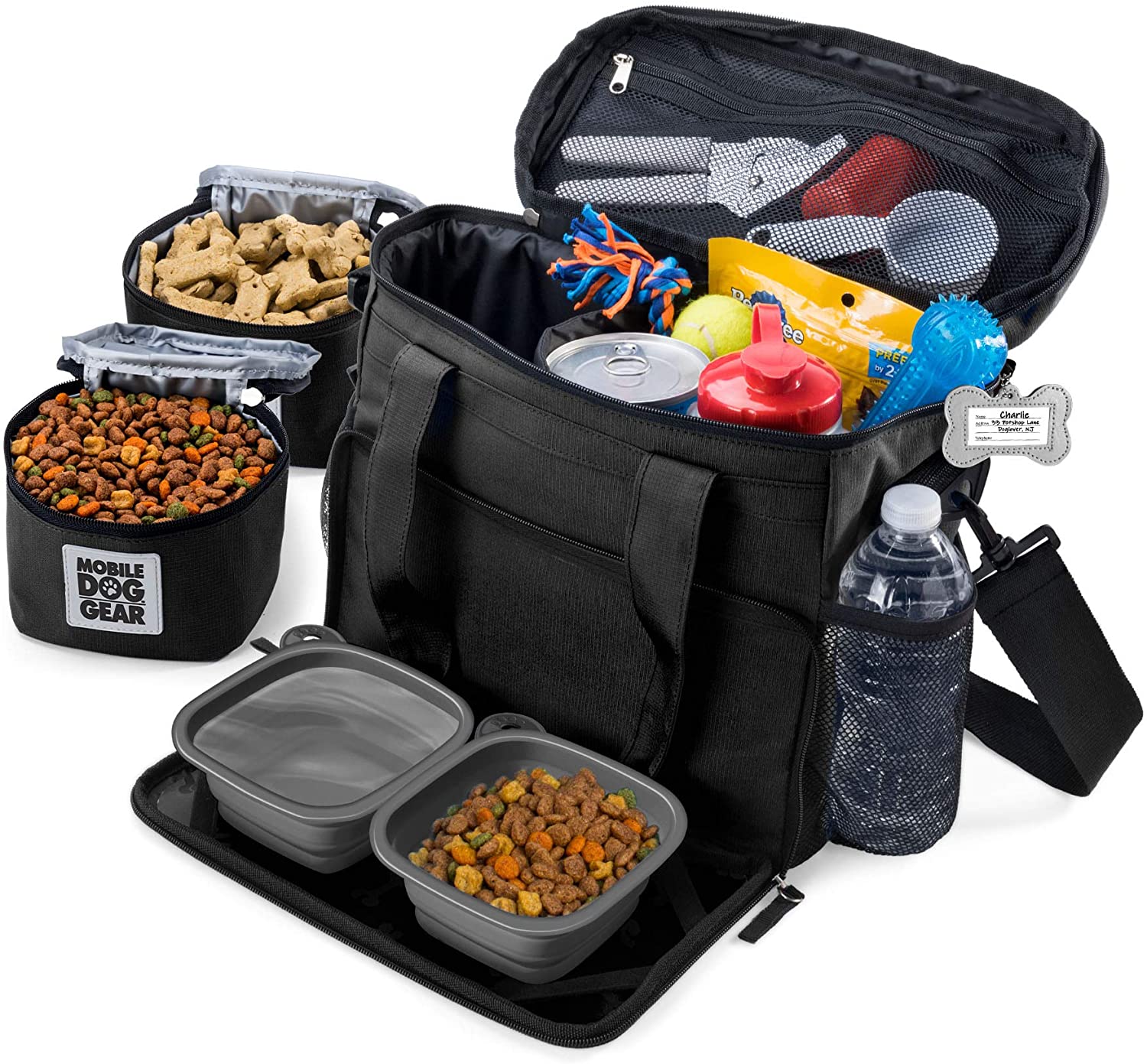 Mobile Dog Gear. Week Away Dog Travel Bag for Small Dogs. Includes Lined Food Carriers and 2 Collapsible Dog Bowl. Black. Meets Airline Requirements