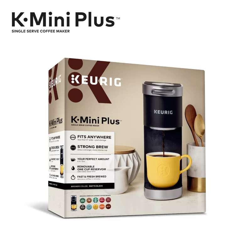 Keurig K-Mini Plus Coffee Maker. Single Serve K-Cup Pod Coffee Brewer. 6 to 12 oz. Brew Size. Stores up to 9 K-Cup Pods. Black