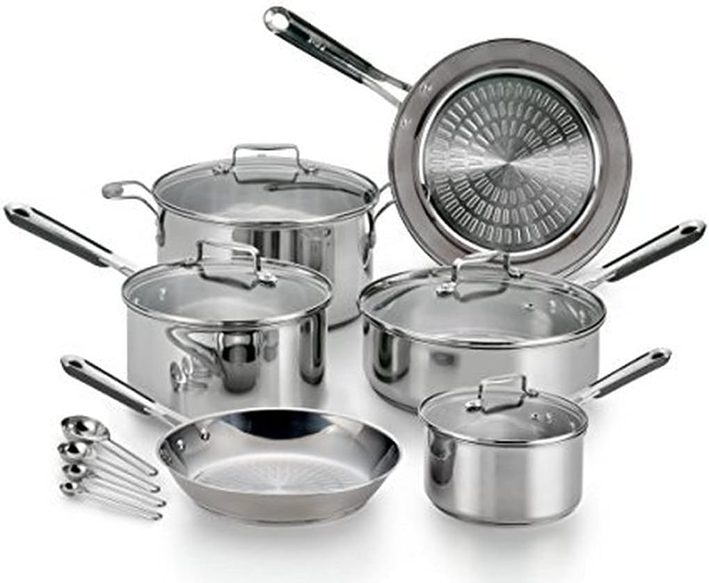 T-fal E759SE Performa Pro Stainless Steel Dishwasher Safe Oven Safe Cookware Set. 14-Piece. Silver