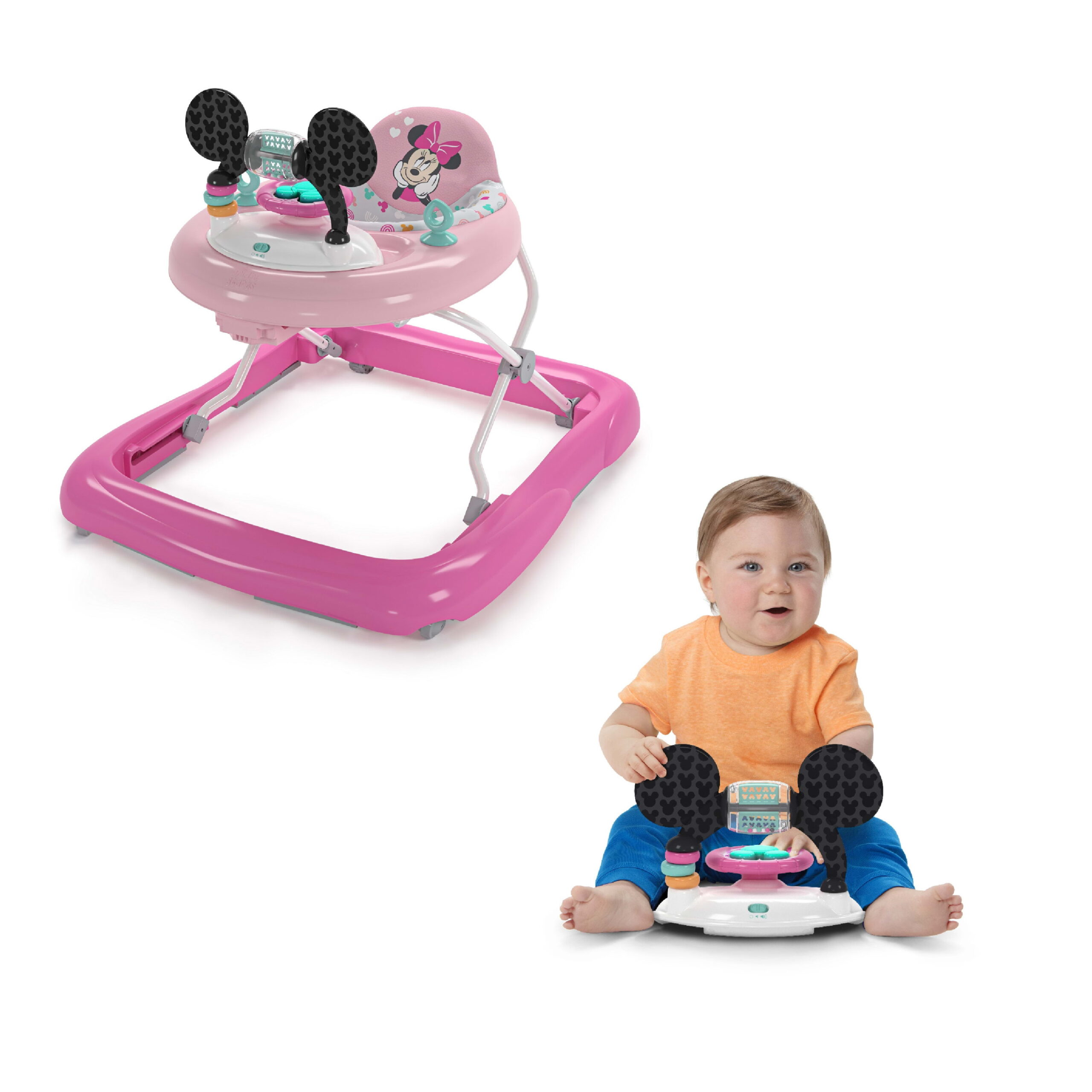 Bright Starts Disney Baby 2-in-1 Adjustable Baby Walker with Activity Station. Pink