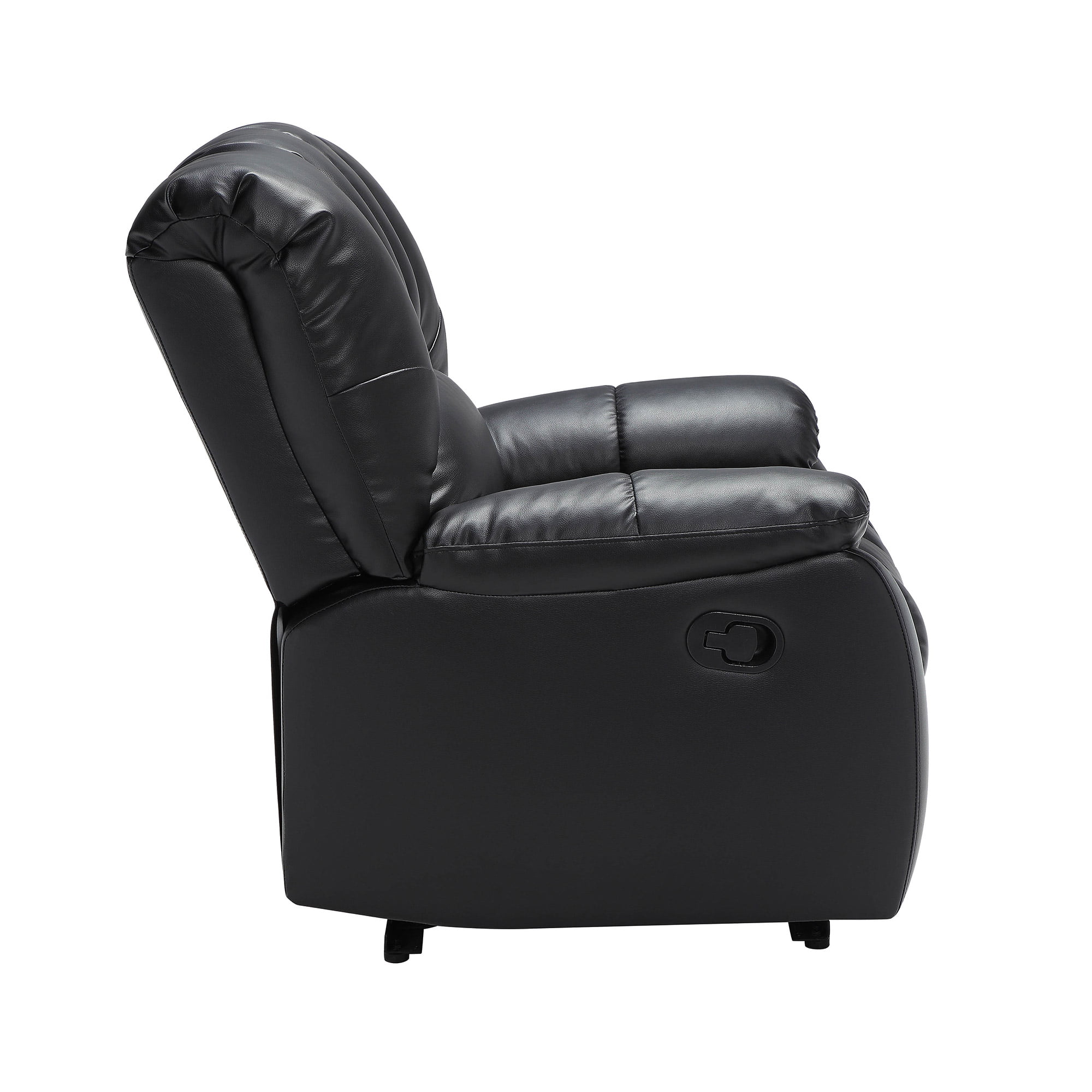 Mainstays Small Space Recliner with Pocketed Comfort Coils. Upholstered. Black Faux Leather