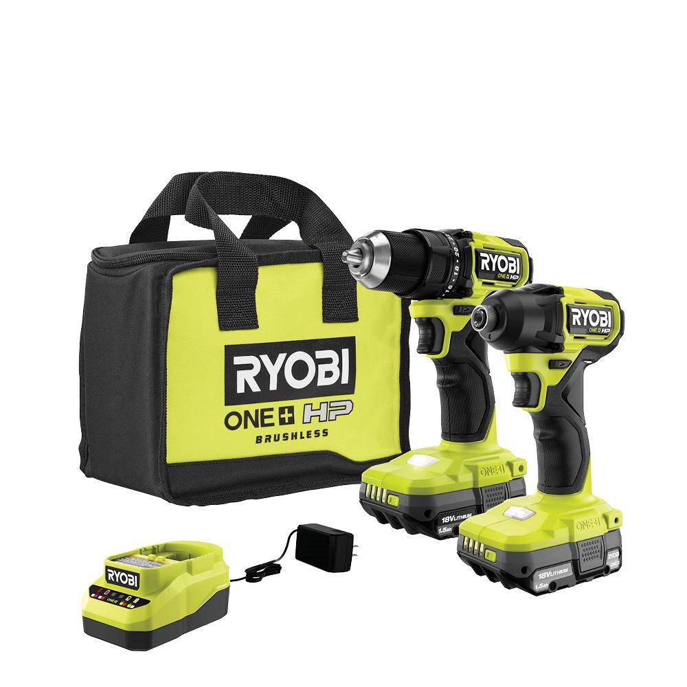 RYOBI PSBCK01K ONE+ HP 18V Brushless Cordless Compact 1/2 in. Drill and Impact Driver Kit with (2) 1.5 Ah Batteries. Charger and Bag