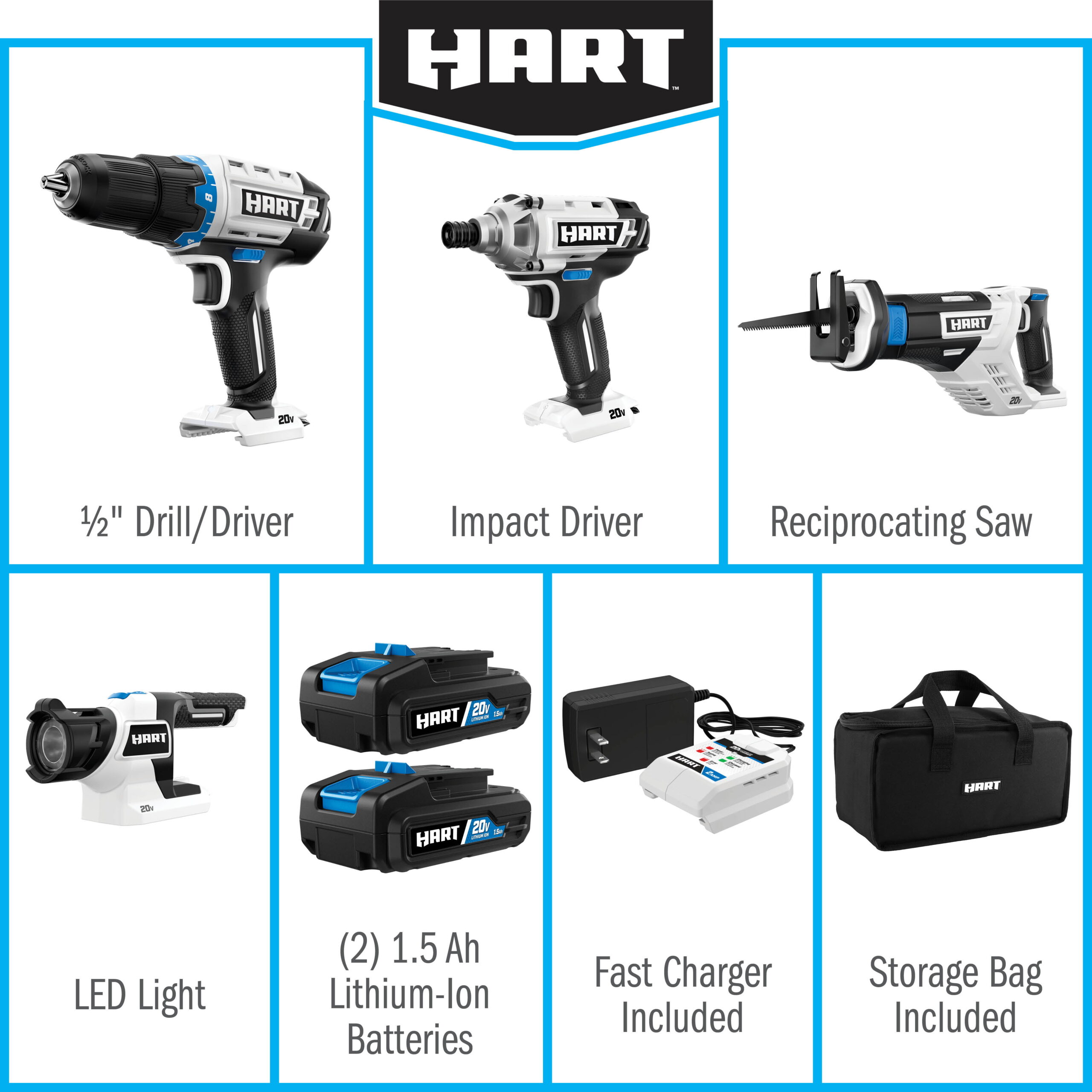 HART 20-Volt Cordless 4-Tool Combo Kit (2) 1.5Ah Lithium-Ion Batteries and 16-inch Storage Bag