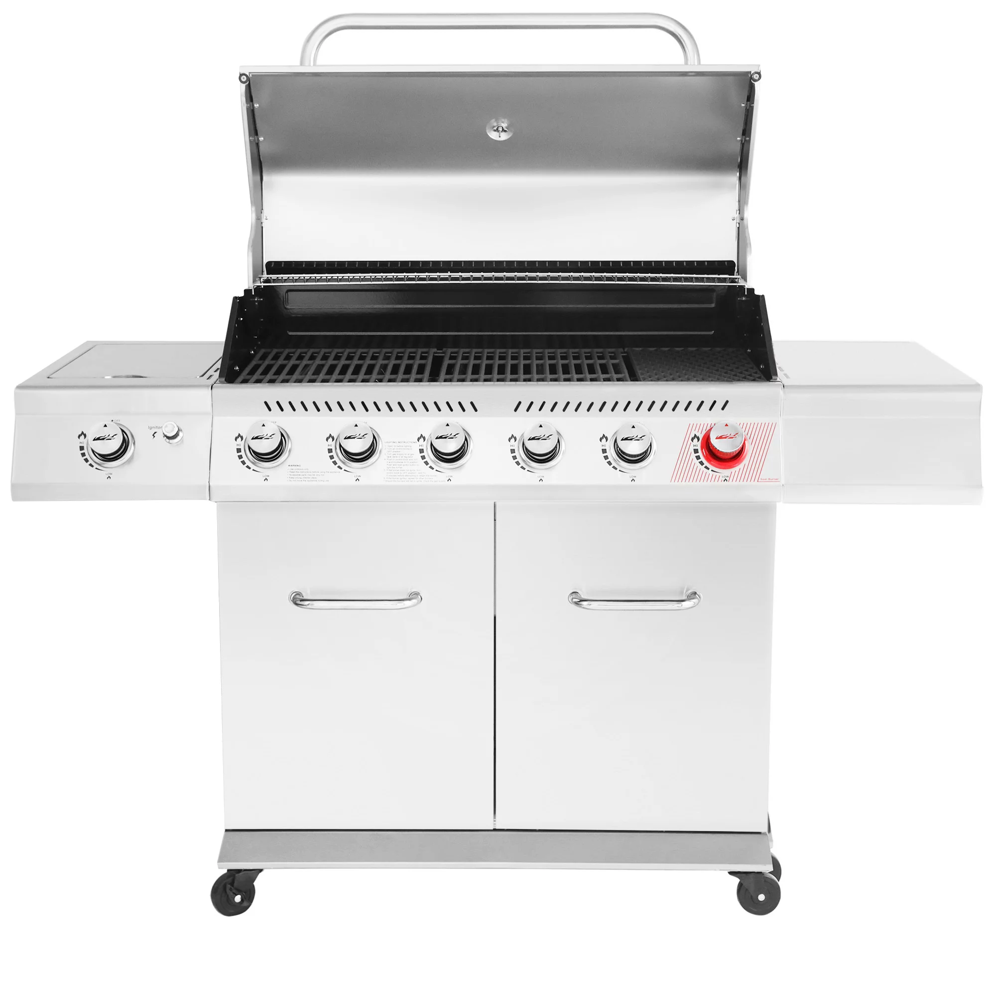 Royal Gourmet GA6402S Stainless Steel Gas Grill. Premier 6-Burner BBQ Grill with Sear Burner and Side Burner. 74.000 BTU. Cabinet Style. Outdoor Party Grill. Silver