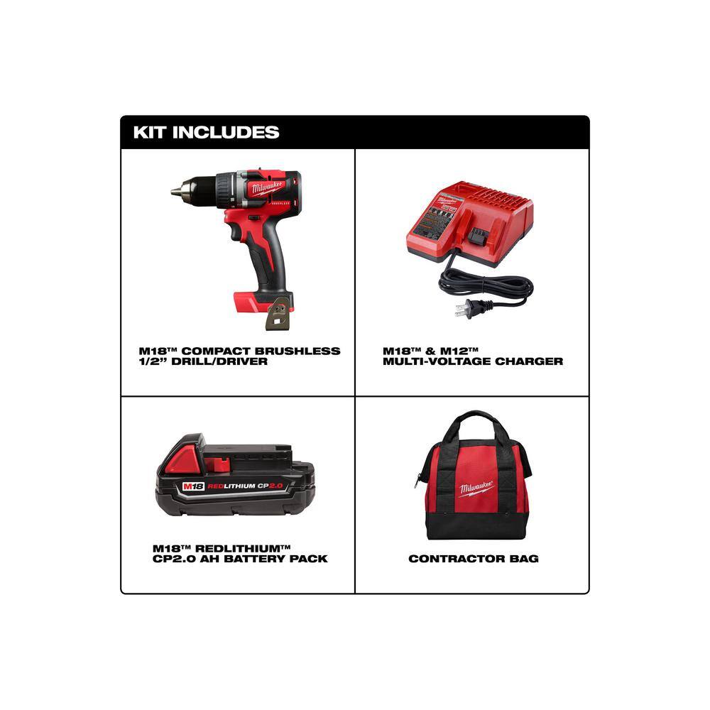 Milwaukee 2801-21P-48-32-4024 M18 18V Lithium-Ion Brushless Cordless 1/2 in. Compact Drill/Driver with (1) 2.0 Ah Battery. Charger and Bit Set