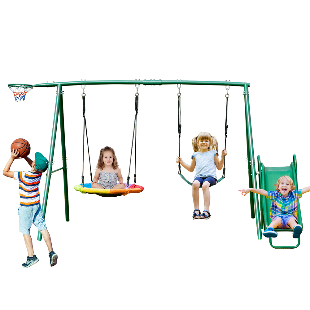 Hapfan Metal Swing Set with Saucer Swing. Belt Swing Seat. Slide. Basketball Hoop. 5 in 1 Outdoor Heavy Duty Combo Swing Set. Backyard Steel Frame Kids Swing
