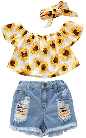 Brilliantme Toddler Kids Summer 2Pcs Baby Girl Off Shoulder Lace Flower