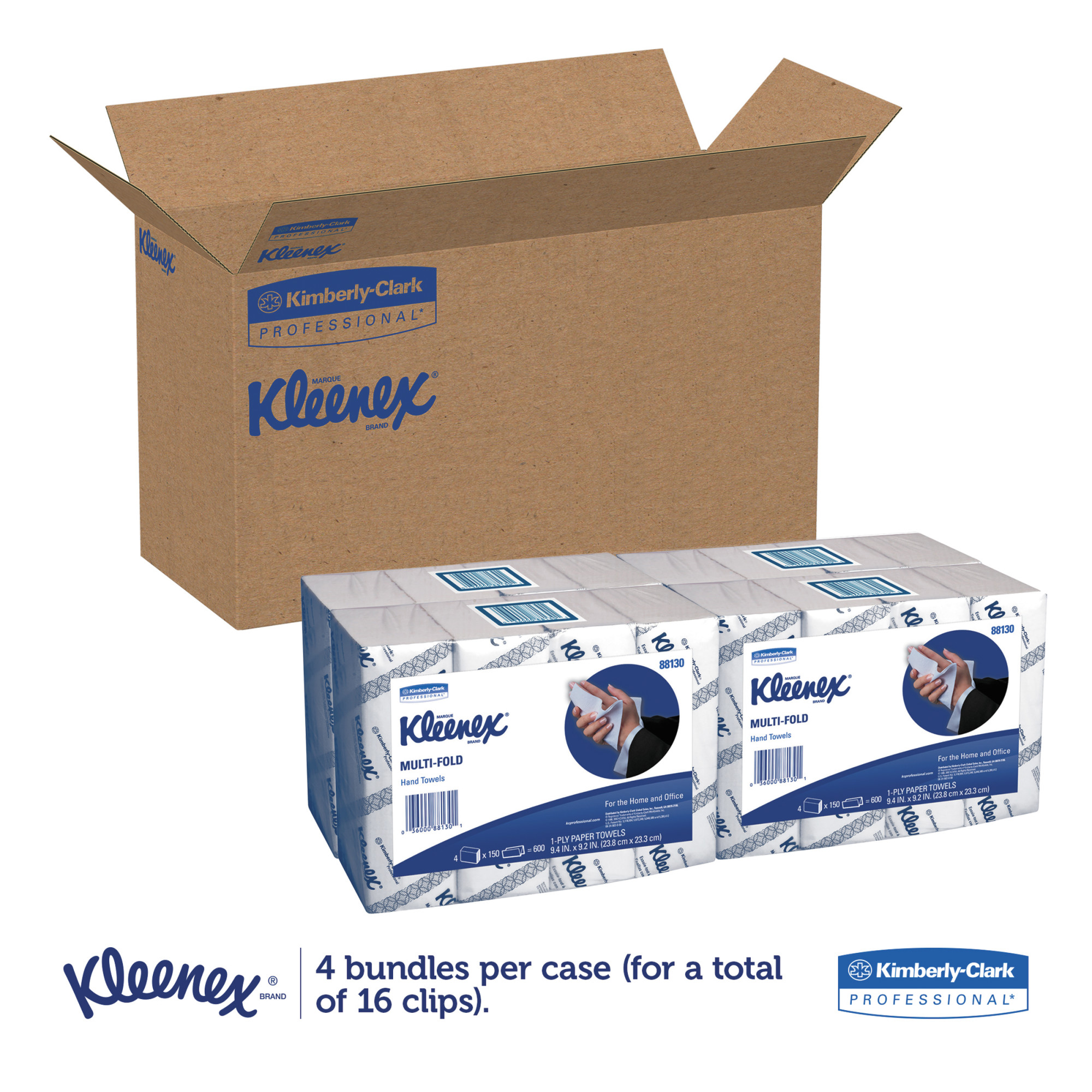 Kleenex Multi-Fold Paper Towels.(4) 4PK Bundles. 9 1/5×9 2/5. White. 150/Pack. 16/Carton -KCC88130