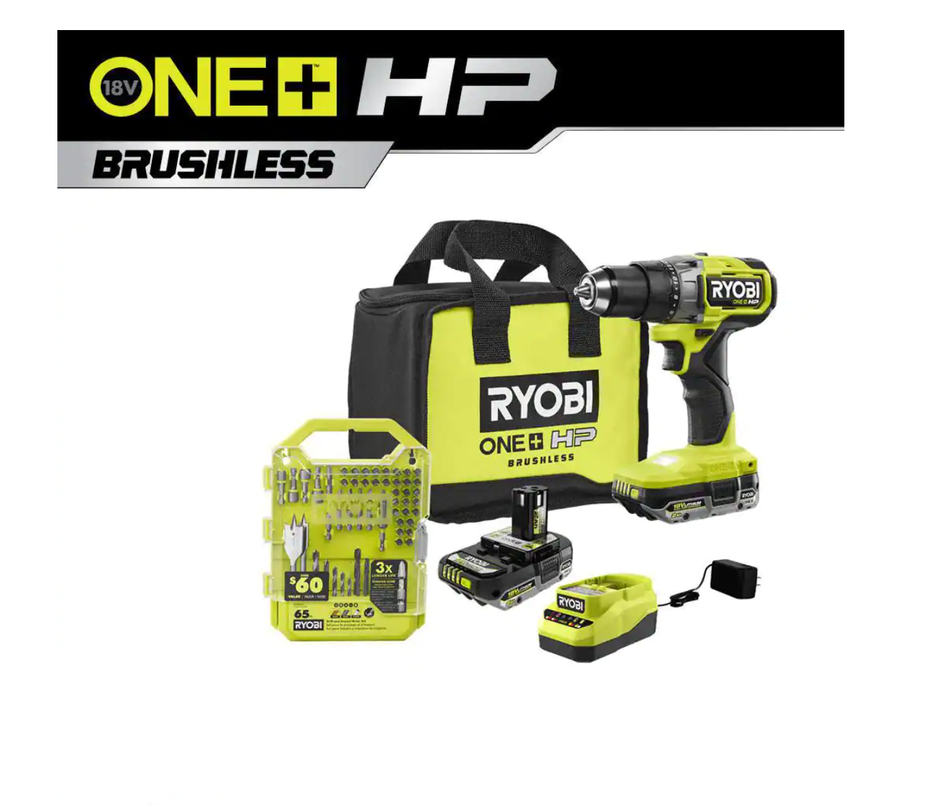 RYOBI PBLDD01K-A986501 ONE+ HP 18V Brushless Cordless 1/2 in. Drill/Driver Kit w/(2) Batteries. Charger. Bag. & Drill and Drive Kit (65-Piece)