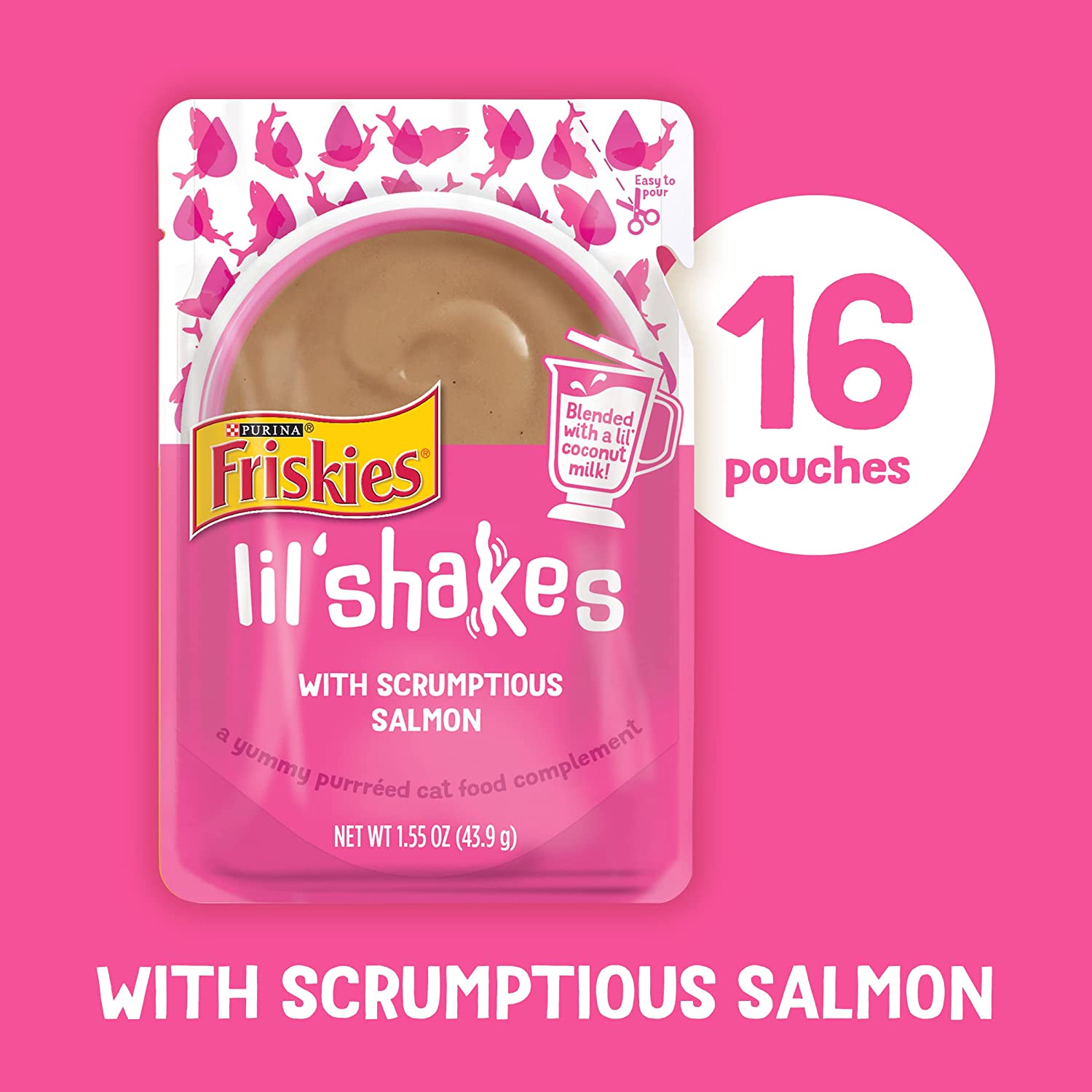 Purina Friskies Pureed Cat Food Topper Lil' Shakes with Scrumptious Salmon - (16) 1.55 oz. Pouches