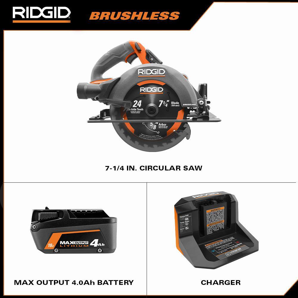 RIDGID R8657KN 18V Brushless Cordless 7-1/4 in. Circular Saw Kit with 4.0 Ah MAX Output Battery and Charger