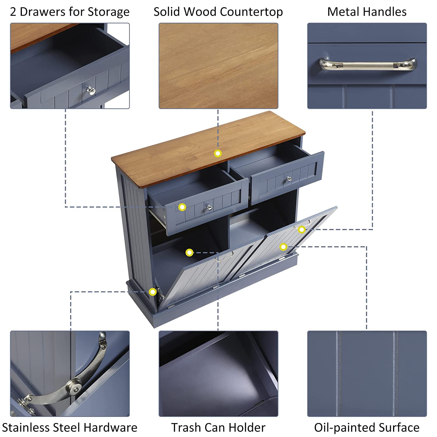 KIGOTY Dual Kitchen Trash Cabinet. Double Tilt Out Trash Can Cabinet with Countertop and Drawer. Free-Standing Pet Proof Recycling Cabinet Garbage Can Holder (Blue)